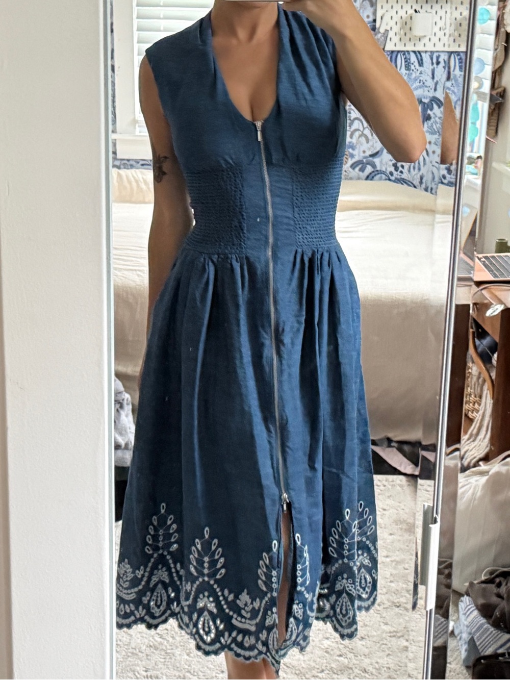 Anthropologie Tommie Denim Eyelet Trim Midi Dress XXS/XS
